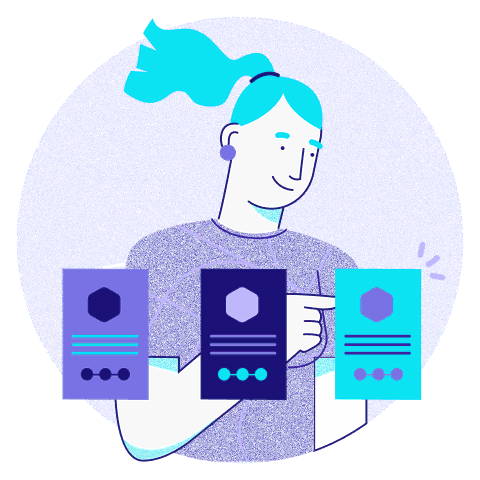 Ilustração de uma mulher olhando para um card de objetivo