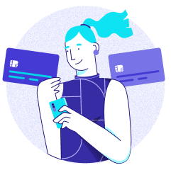 Ilustração de uma mulher com um cartão de crédito na mão