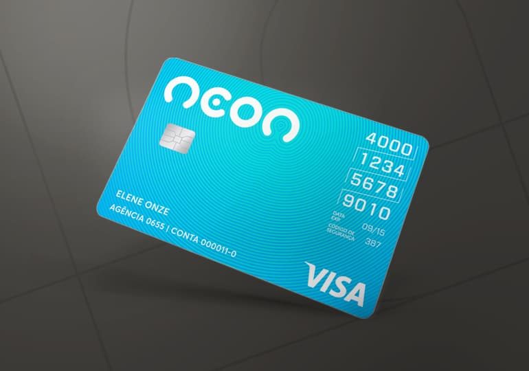 Cartão de Crédito Neon em um fundo cinza com linhas retas e circulares. 